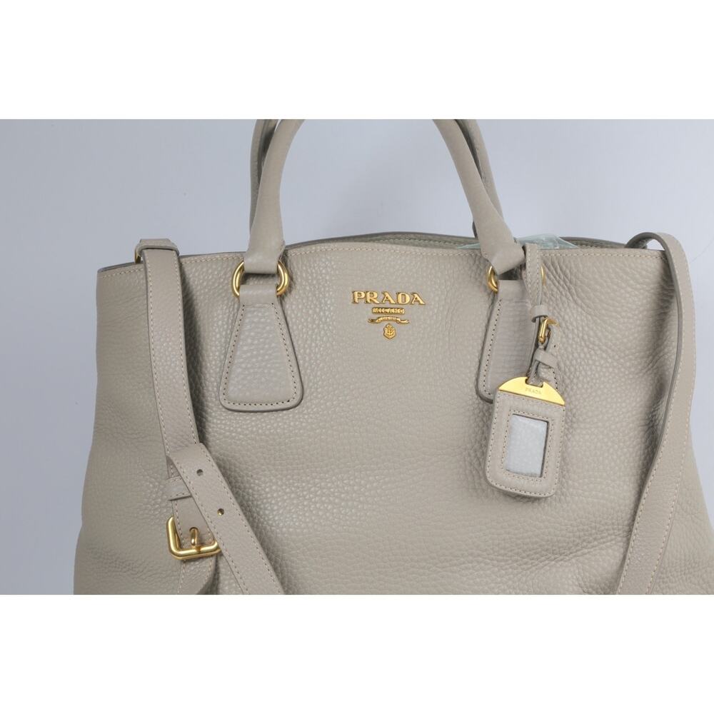 PRADA Vitello Daino Tote Taupe Gray Pebbled Grained Leather Shoulder Strap Bag - Picture 16 of 16